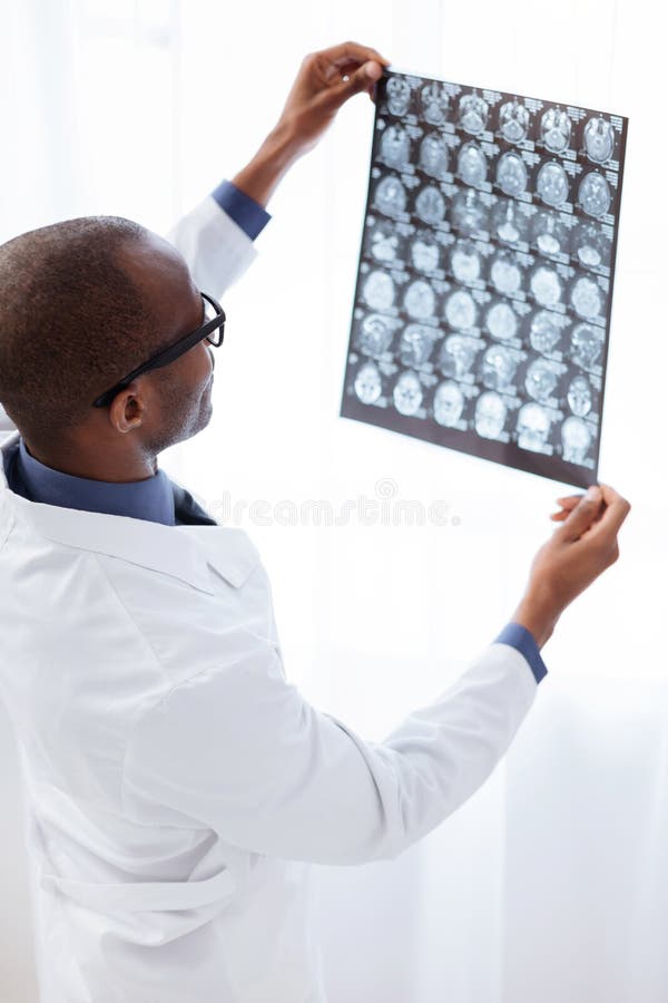 Rappresentazione di cervello d'esame di medico maschio abile fotografia stock libera da diritti Rappresentazione di cervello d'esame di medico maschio abile fotografia stock libera da diritti
