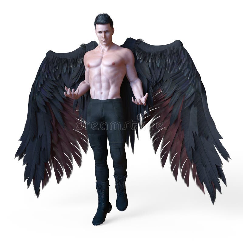 Rappresentazione di un angelo scuro maschio bello con le ali nere