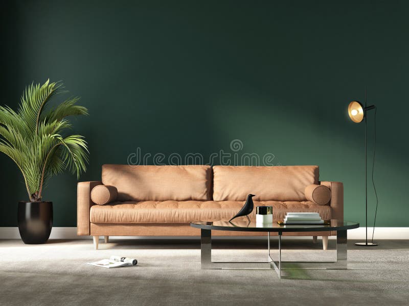 Rappresentazione di un salone blu moderno con un sofà beige fotografie stock