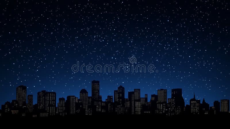Rappresentazione moderna di una città notturna con stelle nel cielo e luci illuminate in primo piano. Rappresentazione moderna di una città notturna con stelle nel cielo e luci illuminate nella città generata dall'ai