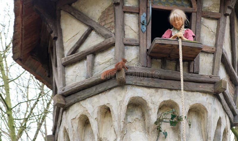 Rapunzel is waiting for her lover in a high tower. Instead a squirrel came. Attraction in theme park efteling