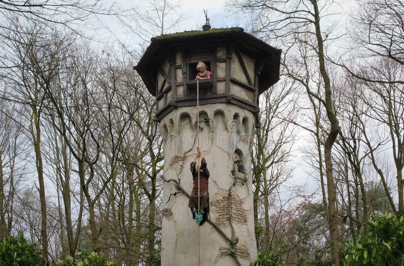 Rapunzel is waiting for her lover in a high tower. Instead a squirrel came. Attraction in theme park efteling