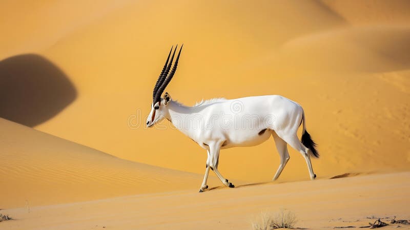 Rare Addax Antelope Parcourir Les Dunes Du Désert Son Manteau Blanc Contrastant avec Les Sables D'Or images stock