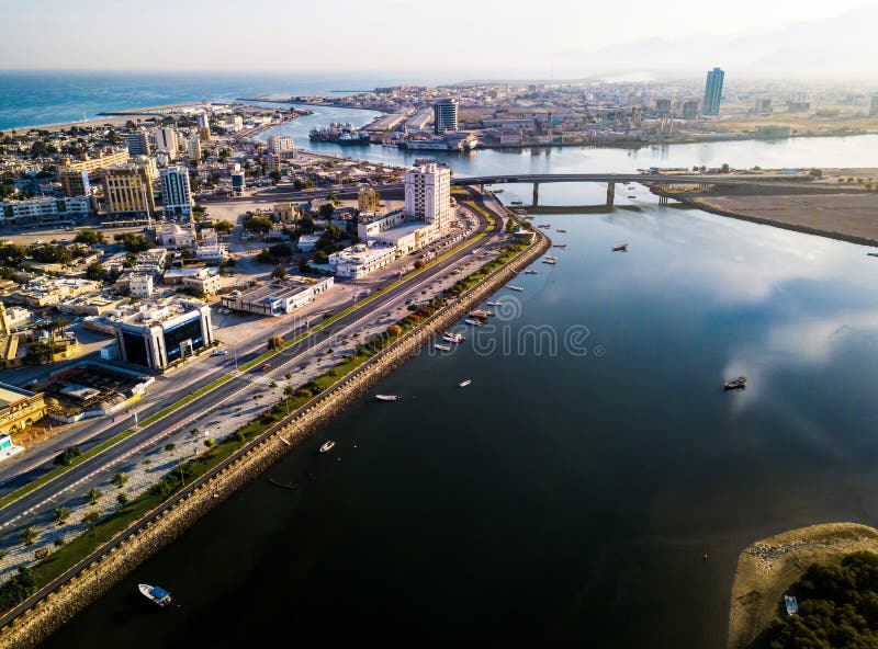 Ras Al Khaimah, United Arab Emirates - June 2, 2019: Ras al Khaimah corniche with mangroves aerial view royalty free stock photography Ras Al Khaimah, United Arab Emirates - June 2, 2019: Ras al Khaimah corniche with mangroves aerial view royalty free stock photography