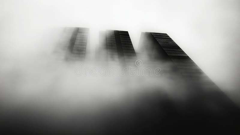 Rascacielos por encima de una densa niebla que crea una misteriosa atmósfera urbana stock de ilustración