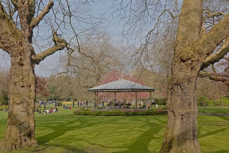 Rasen mit bloßen Eichen und pavilon in Stephens grünem Park, Dublin stockfotografie Rasen mit bloßen Eichen und pavilon in Stephens grünem Park, Dublin stockfotografie