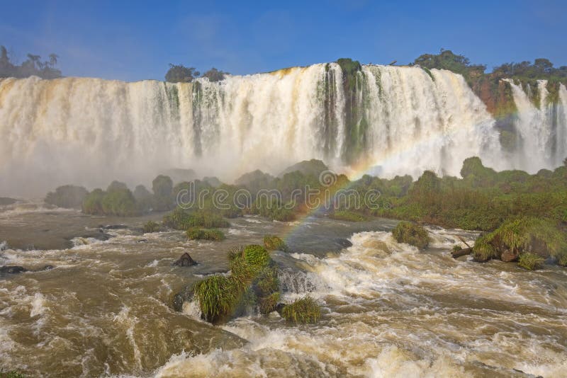Rasendes Wasser und fruchtbare Wachstum unterhalb der Fälle bei den Iguaçu-Wasserfälle in Brasilien