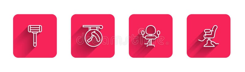 Set line Shaving razor, Barbershop with, chair and with long shadow. Red square button. Vector. Set line Shaving razor, Barbershop with, chair and with long shadow. Red square button. Vector.