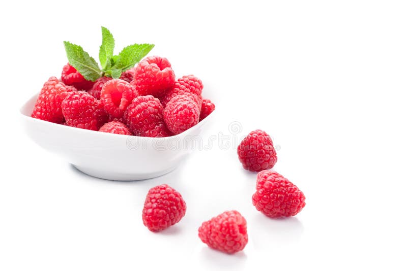 Raspberries on white background