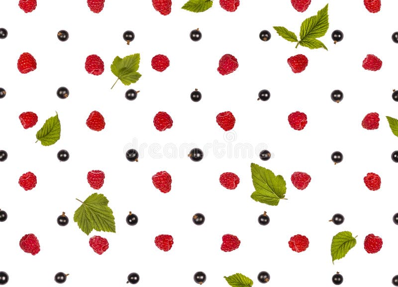 Raspberry, black currant and green leaves pattern isolated on white background. Flat lay