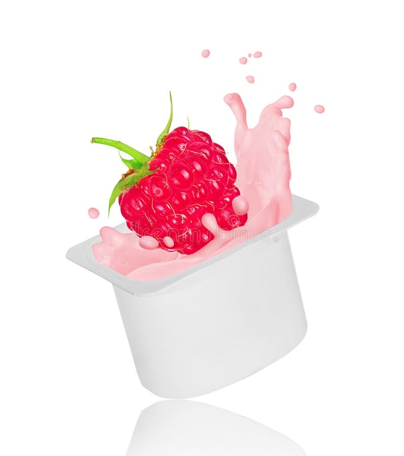 Raspberry Falling into Yogurt Splash in Plastic Packing Stock Image