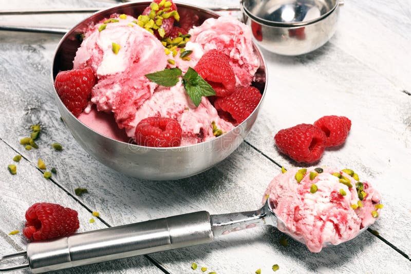 Raspberry Ice Cream Scoop With Chopped Nuts And White Chocolate Stock Photo Image of