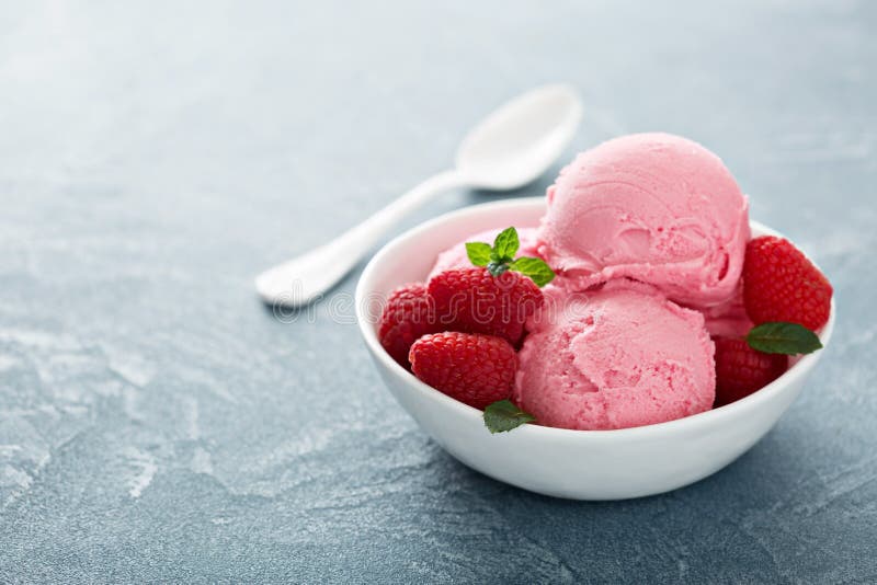 Raspberry Ice Cream in White Bowl Stock Photo - Image of copy, gourmet ...