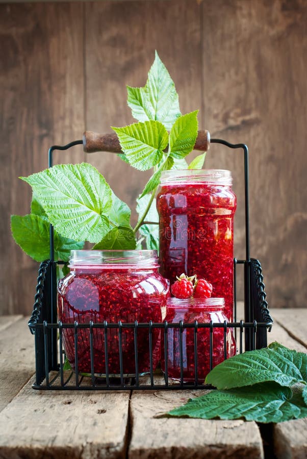 Raspberry Jam in a jars and Leaves
