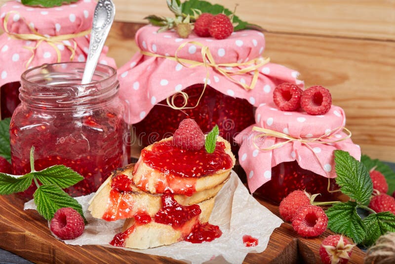 Raspberry Jam in Jars and Toasts with Jam Stock Photo Image of bake