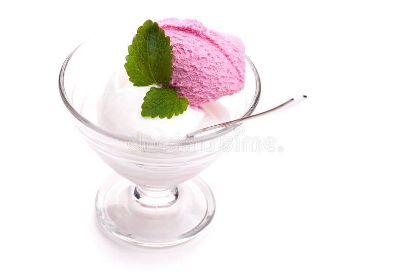 Raspberry and lemon ice cream scoop in a glass with a spoon and mint leaf royalty free stock photos Raspberry and lemon ice cream scoop in a glass with a spoon and mint leaf royalty free stock photos