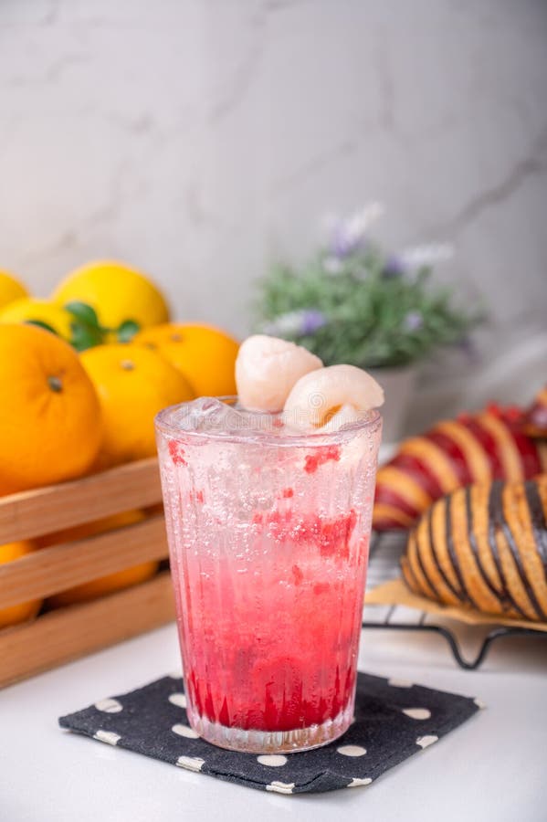 Raspberry Lychee Italian soda ready to serve for refreshing. use for decorated cafe, restaurant and et cetera stock photos