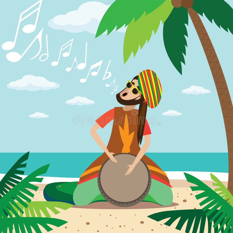 Vector illustration on color background featuring rasta man sitting on the beach, plays on the drum and sings. Vector illustration on color background featuring rasta man sitting on the beach, plays on the drum and sings