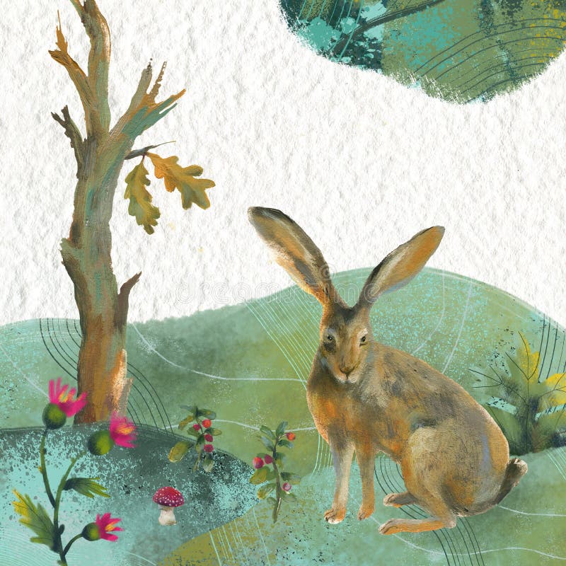 Raster illustration with a hare, plants. Forest picture