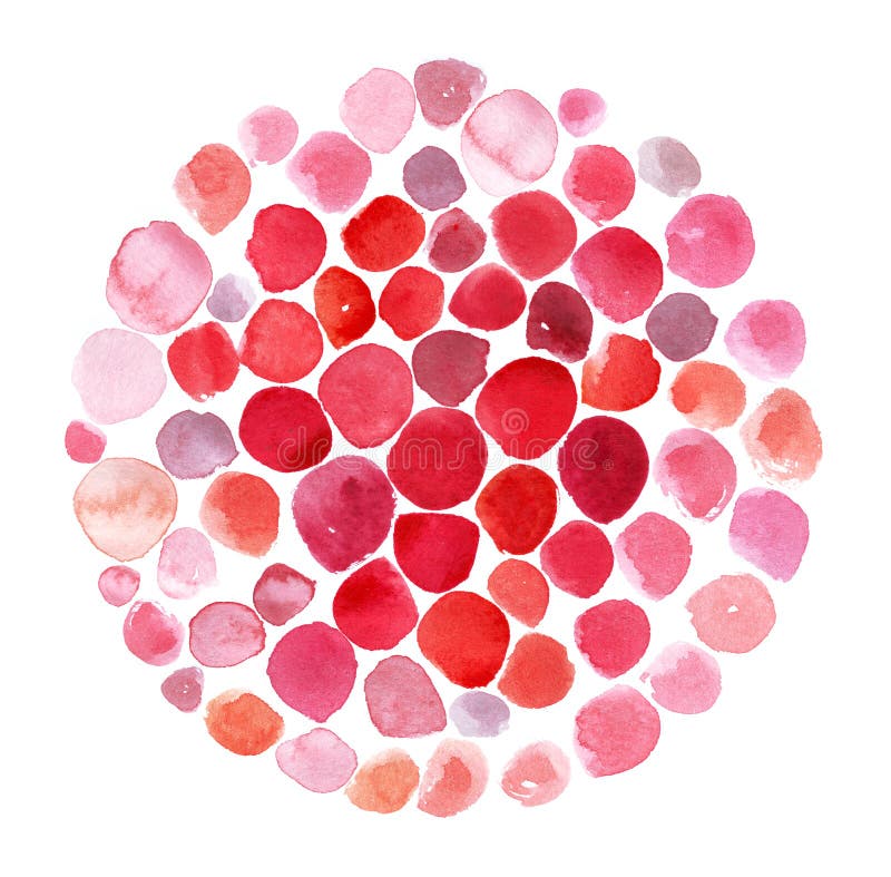 Raster illustration template, based on red and pink watercolor smears, brush daubs in circle. Mosaic round form, isolated on white