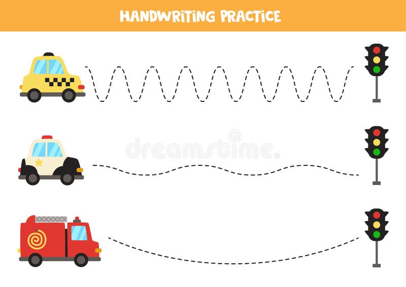 Prática de caligrafia. traçando linhas de carro. jogo educativo para  crianças, planilha para impressão, ilustração vetorial