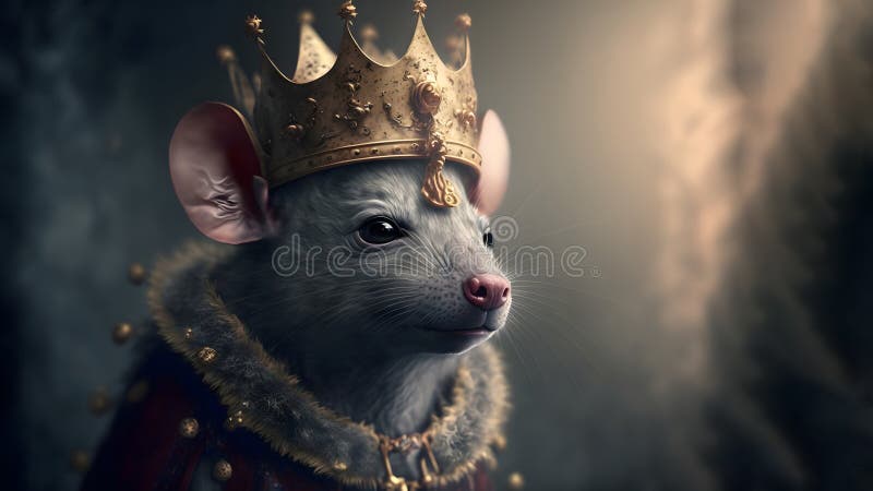 Medieval painting, realistic grey rat wearing a crown