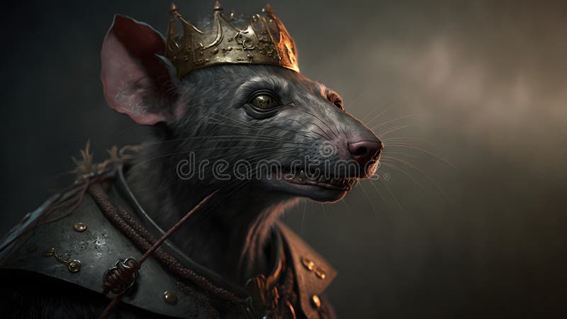 Medieval painting, realistic grey rat wearing a crown