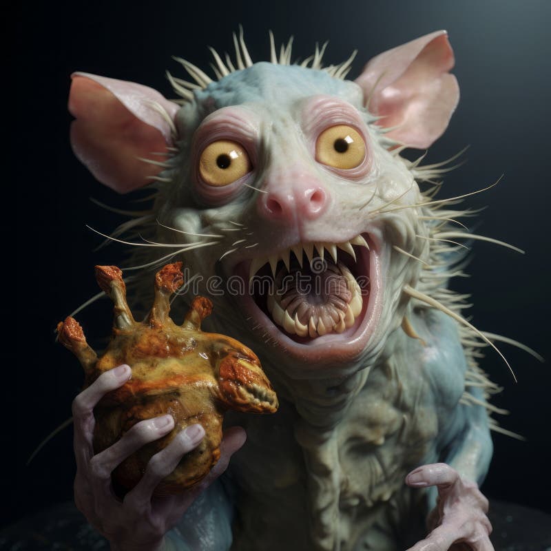Rata expresiva sosteniendo peces : fantasía oscura encuentra animación emocional ilustración del vector