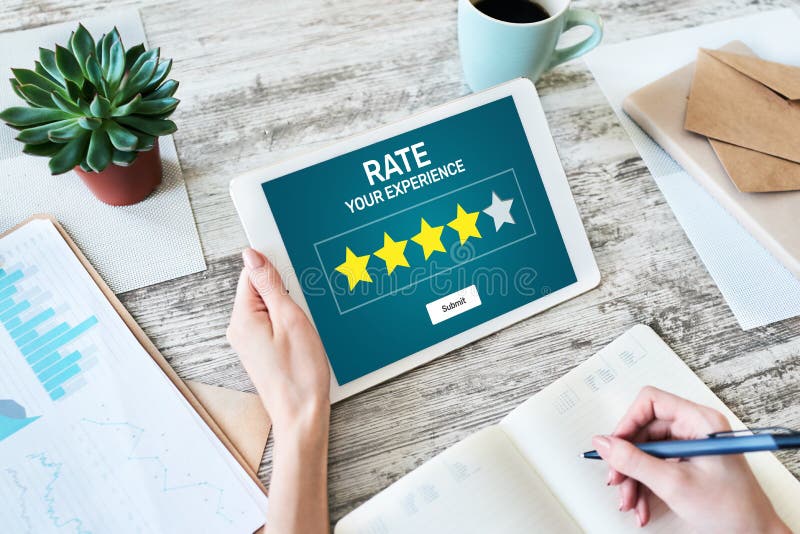 Rate customer experience review. Service and Customer satisfaction. Five Stars rating. Business internet and technology concept.