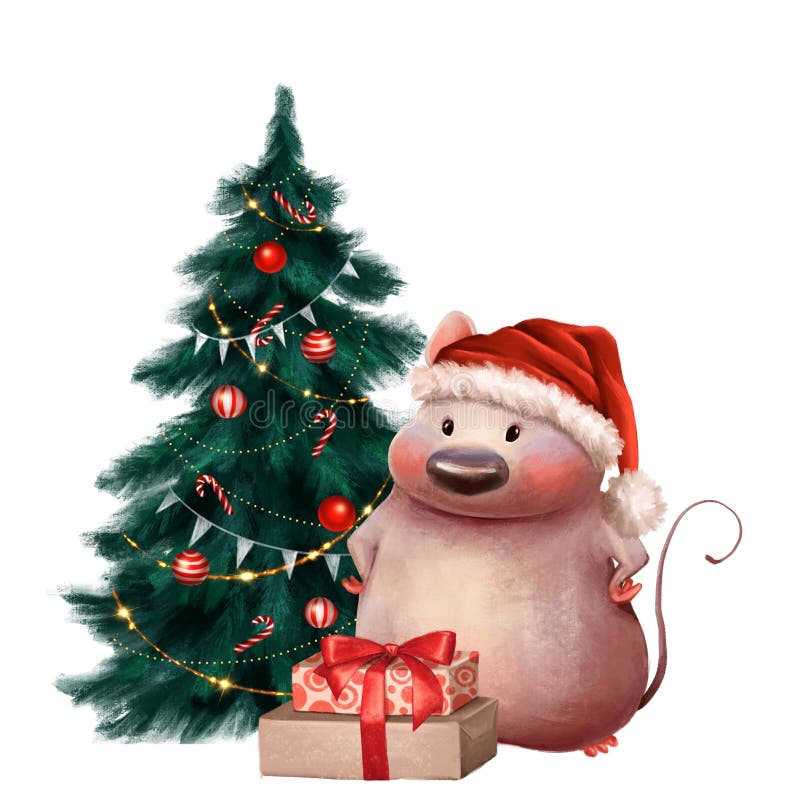 Ratinho com pinheiro e presentes. ilustração de natal desenhada à mão. ilustração royalty free