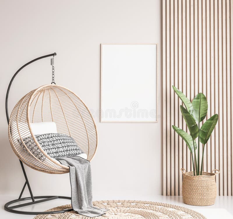 Rattan swing with green plant and rattan basket on wooden interior background, frame mockup