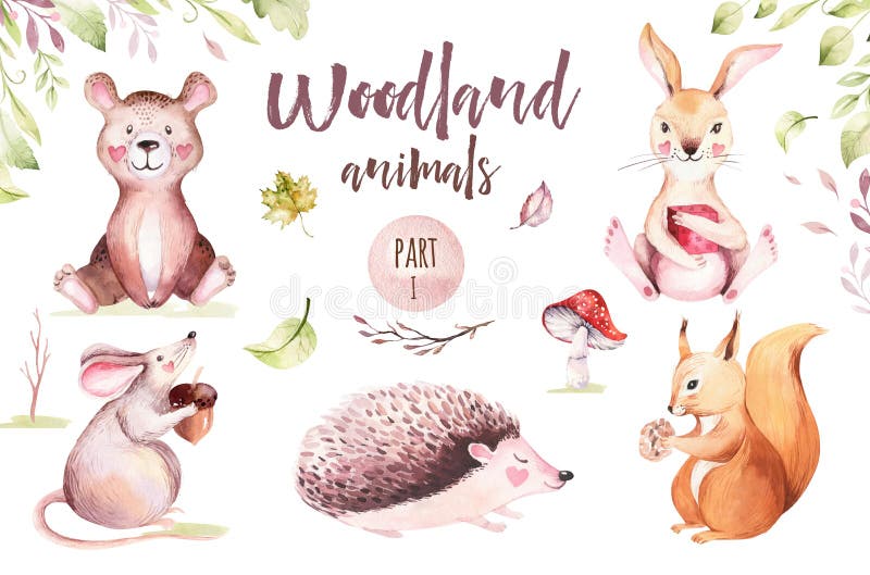 Ratón animal del cuarto de niños del bebé lindo, conejo y ejemplo aislado oso para los niños Dibujo del bosque del boho de la acu stock de ilustración