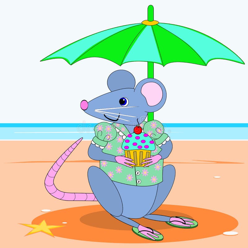 A mouse that is wearing a blouse, is setting under the umbrella by the sea. A mouse that is wearing a blouse, is setting under the umbrella by the sea.
