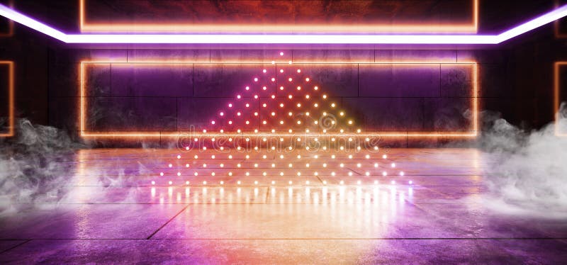Rauch-Neon-Licht-virtuelles glühendes purpurroter orange vibrierender dunkler Garagen-Raum-Tunnel-Untertagestudio-Club-ausländisc stock abbildung