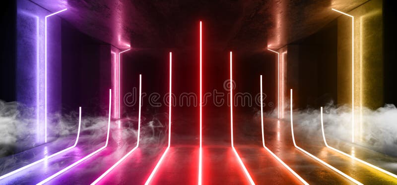 Rauchen Sie zukünftigen futuristischen Tunnel-Korridor Hall Garage Underground Concrete Neonlichter glühenden purpurroten blauen lizenzfreie abbildung