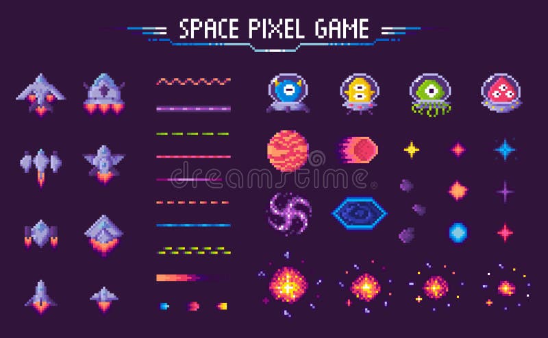 Raum-Pixel-Spiel-Raumschiff und Betriebsmosaik-Satz