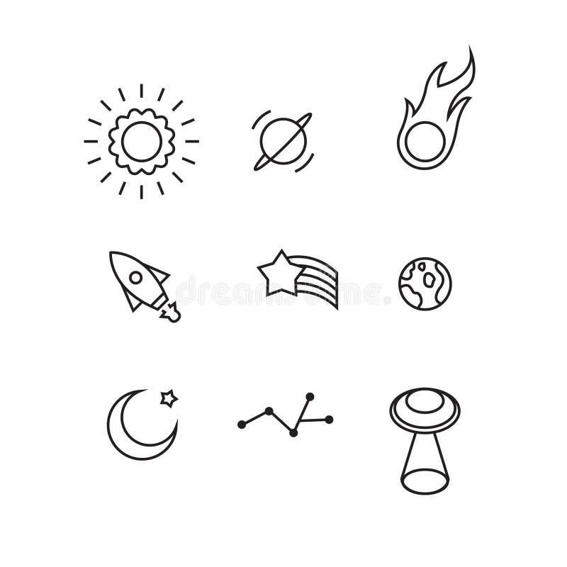 Raumgegenstand-Vektorikonen stellten für Ikone, Grafik oder Webdesign, weißer Hintergrund, Vektor ein stock abbildung Raumgegenstand-Vektorikonen stellten für Ikone, Grafik oder Webdesign, weißer Hintergrund, Vektor ein stock abbildung