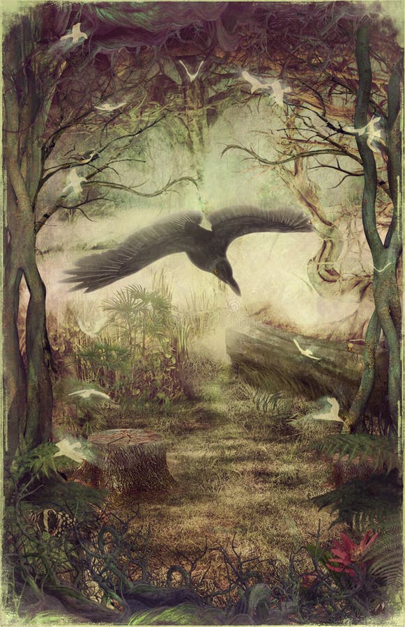 Raven flying through forest