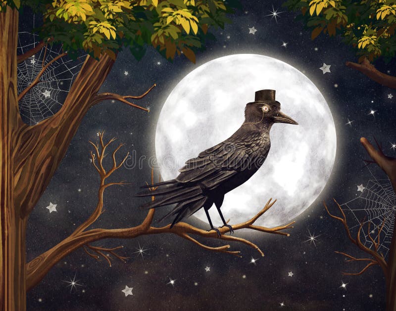 Raven in a moonlight in a dark forest