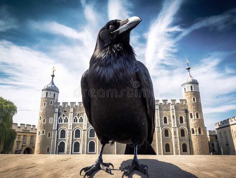 Raven negro real aislado en la torre blanca de londres stock de ilustración