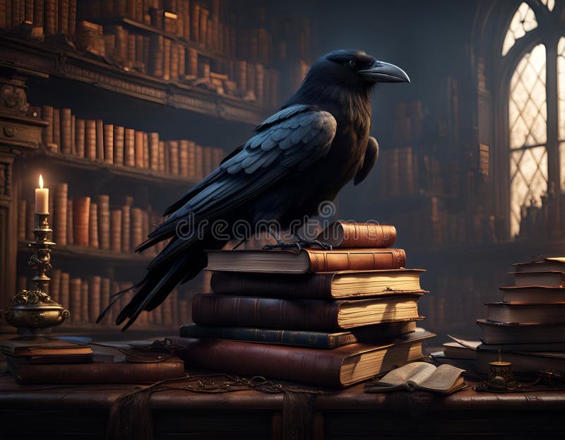 Raven on top of book. Generative AI stock illustration