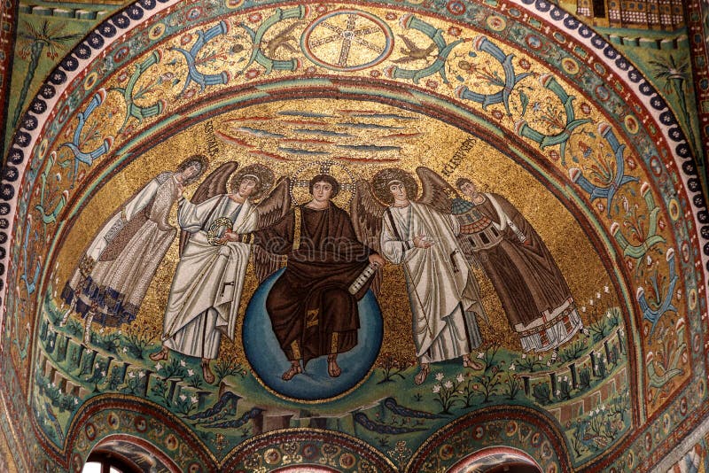 Ravenna, Italy - Sept 11, 2019: Interior of Basilica of San Vitale, which has important examples of early Christian Byzantine art and architecture. Detail of the mosaics of the apse: the Redeemer, St. Vitale and the Bishop Ecclesius