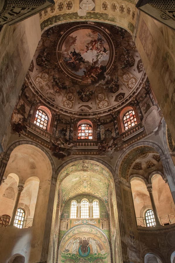 The painted dome of San Vitale's Basilica in Ravenna, Italy with the mosaic of the abside in background. The painted dome of San Vitale's Basilica in Ravenna, Italy with the mosaic of the abside in background