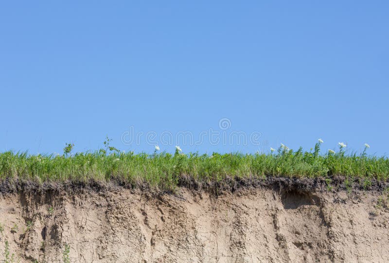 Ravine or gully cut with soil, grass and blue sky