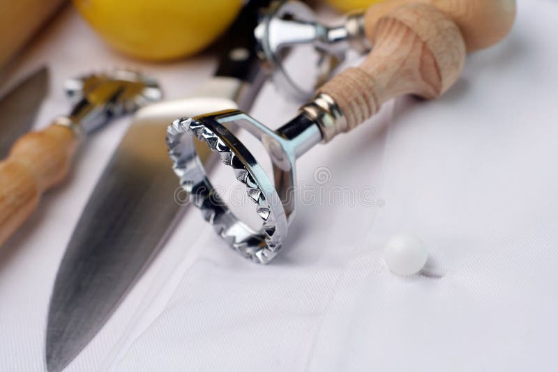 Ravioli cutters and chef s utensils; wide view