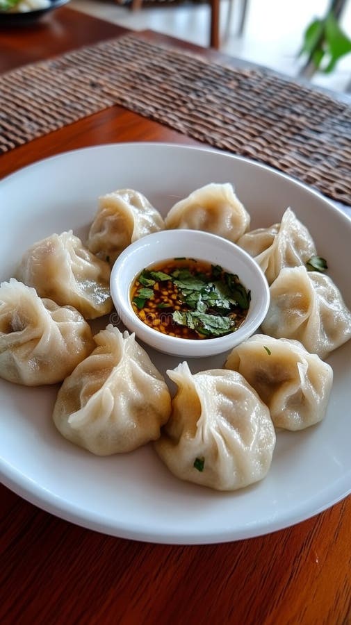 Ravioli di buuz mongoli a vapore serviti con salsa di immersione a base di soia e erbe fresche con prodotti tessili tradizionali fotografia stock
