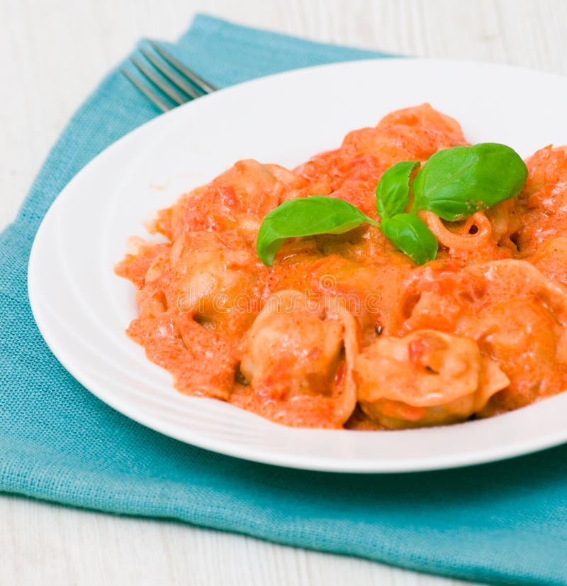 Ravioli in tomato-cream sauce on plate. Ravioli in tomato-cream sauce on plate