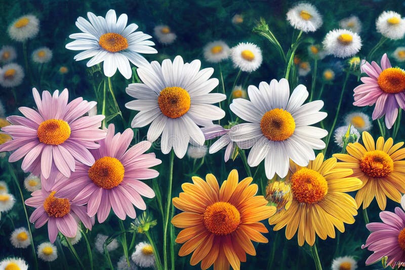 Ravishing multicolor daisy in meadow field background.