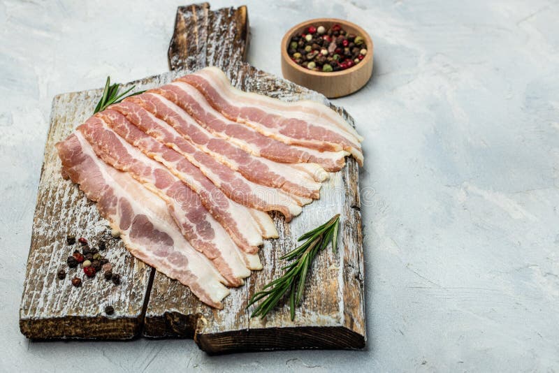 Raw Bacon, Bacon Strips Meat Slice Thin Slicing Pork Fat Meal on a