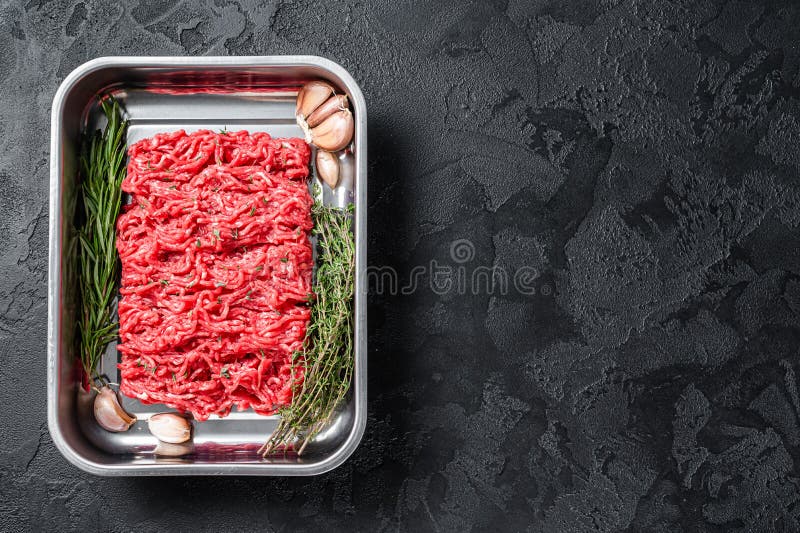 Raw Beef Forcemeat, Ground Meat. Black Background. Top View Stock Image
